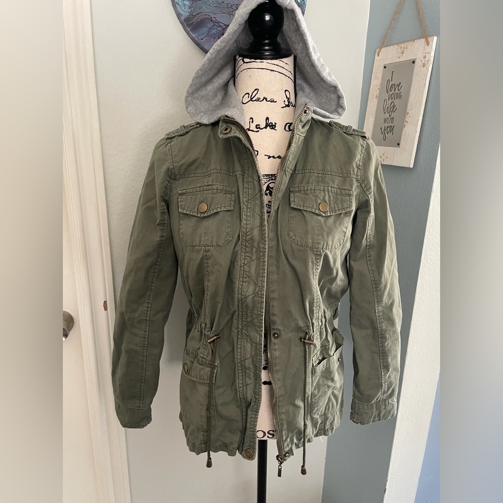 Outer Edge Olive Utility Anorak Jacket with Sweater Hood-Junior Girl Size Small
